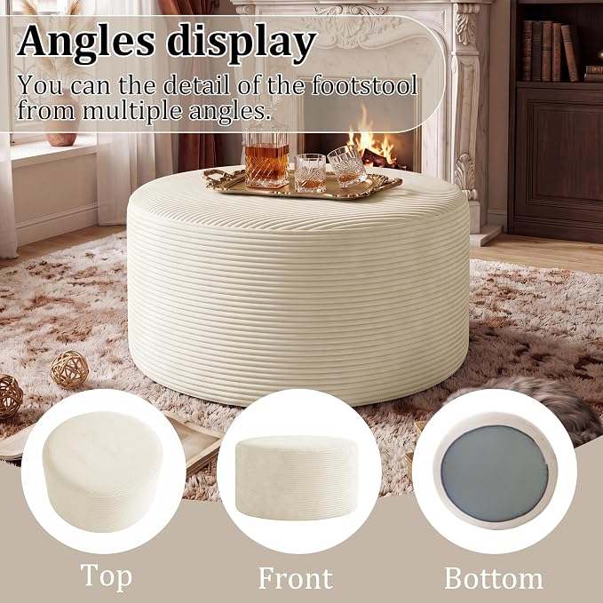 BSHOMGI Round Ottoman, Corduroy Ottomans Foot Stool, 27.5" Pouf Footstool - Image 6