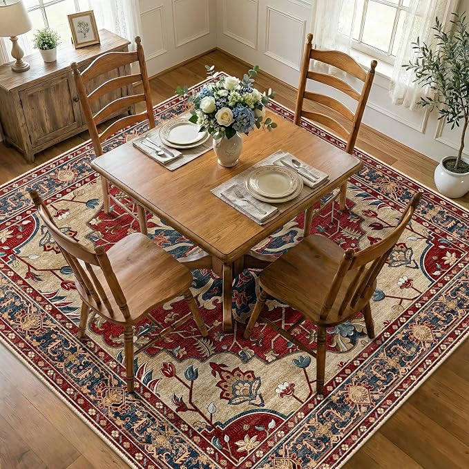 RELEANY Area Rugs Square 8ft Washable Non-Slip, Floral Vintage Distress Print by RELEANY