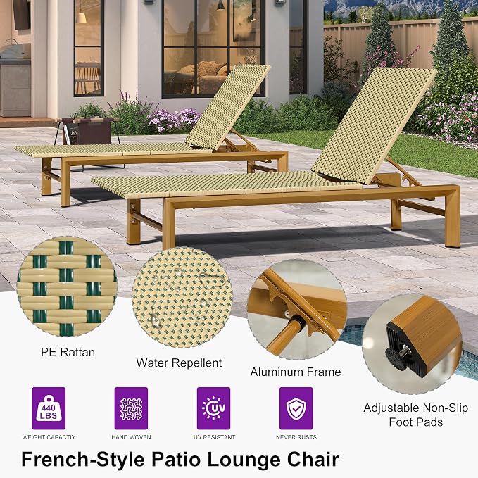 PURPLE LEAF Extra Wide Patio Chaise Lounge Set of 2 Outdoor Lounger French PE - Image 3