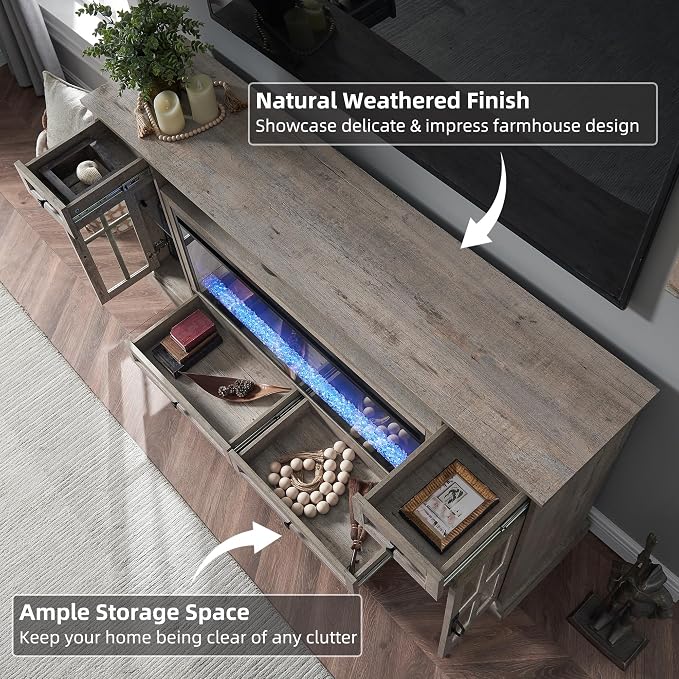 OKD Fireplace TV Stand for 80 Inch TV, Farmhouse Entertainment Center - Image 5