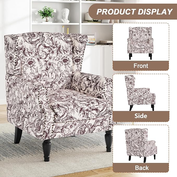 Pia Ricco Set of 2 Floral Accent Chairs, High Back Upholstered Armchairs - Image 3