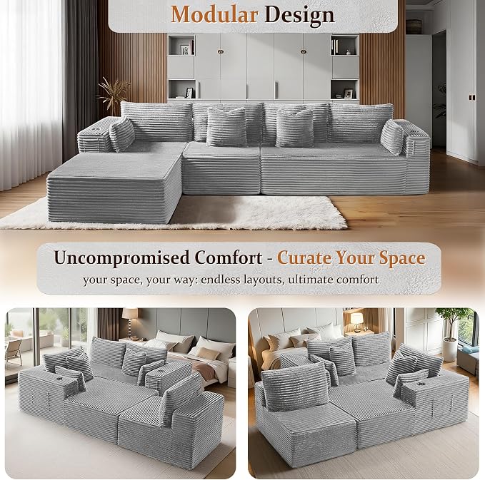 138" Oversized Cloud Sectional Couch, Comfort L Shaped Boneless Couch - Image 6