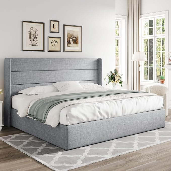 Allewie King Size Lift Up Storage Bed, Modern Wingback Headboard, Hydraulic - Image 8