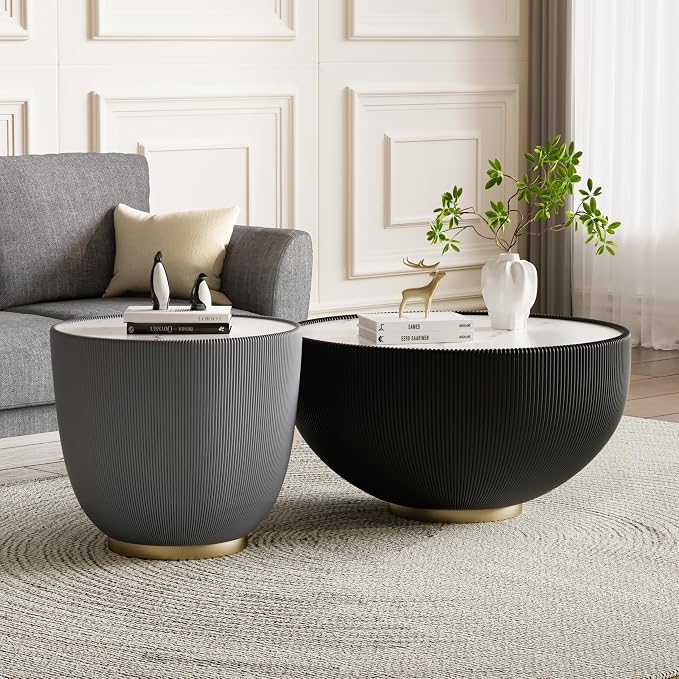 SSLine Bowl-Shape Coffee Table Set of 2 Modern Sintered Stone Top Nesting - Image 3