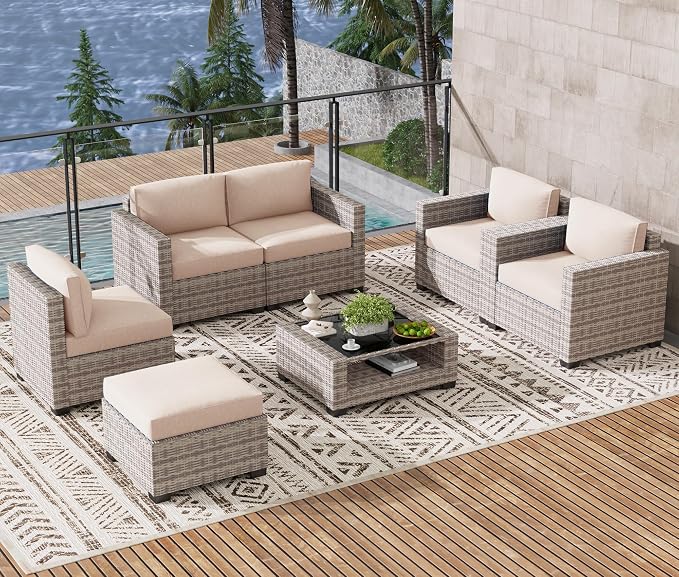 LOUVIXA 7 Piece Outdoor Patio Furniture Set, Rattan Chairs Glass Table Wicker by LOUVIXA