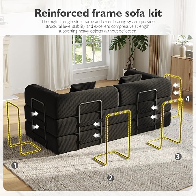 79in Convertible Sofa Bed, Corduroy Boneless Couch Bed, Futon Sleeper Sofa Pull - Image 7