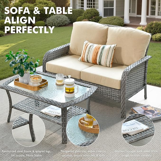 Weaxty Wicker Patio Furniture Set High Back Loveseat Sofa Couch Armchair Coffee - Image 6