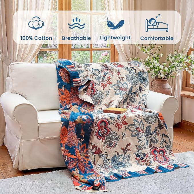 MSGKV Boho Throw Blanket 90"x90" 100% Cotton Floral Blanket - Image 2