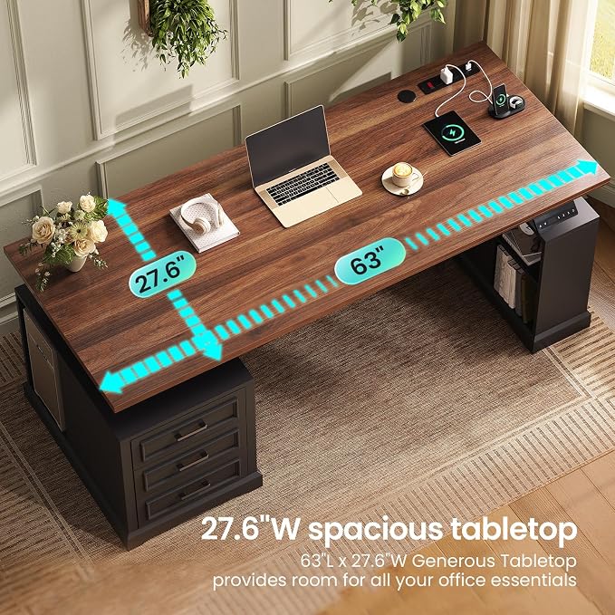 SEDETA Farmhouse Electric Standing Desk, Storage Shelves, Power Outlets - Image 4