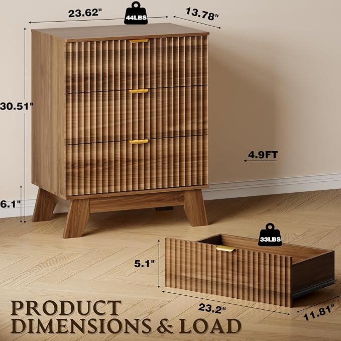 BORNOON Fluted 3 Drawer Dresser, 30.3" Tall Compact Modern Boho Chest of Drawers - Image 2
