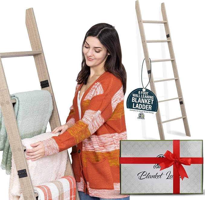 Blanket Ladder for Living Room and Bedroom, 5ft 8 inch, 6-Tier Wall Leaning - Image 3