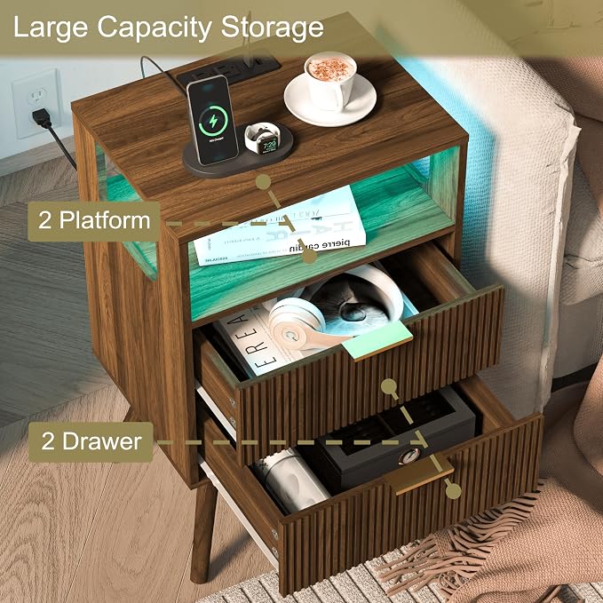 JOONEE Nightstand with Charging Station and LED Lights, Modern Bedside Table - Image 6