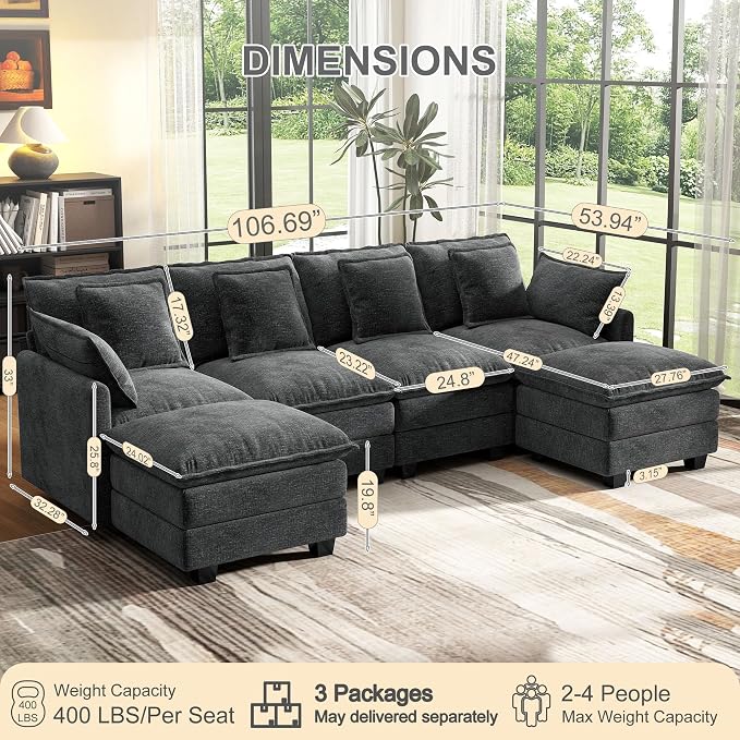 107" Cloud Couch Sectional, U Shaped Modular Sectional Sofa, 4-Seat Deep Seat - Image 2
