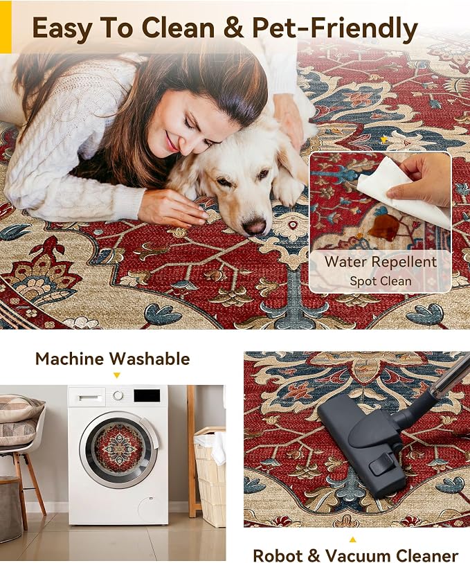 RELEANY Area Rugs Round 10ft Washable Non-Slip, Floral Vintage Distress Print - Image 5