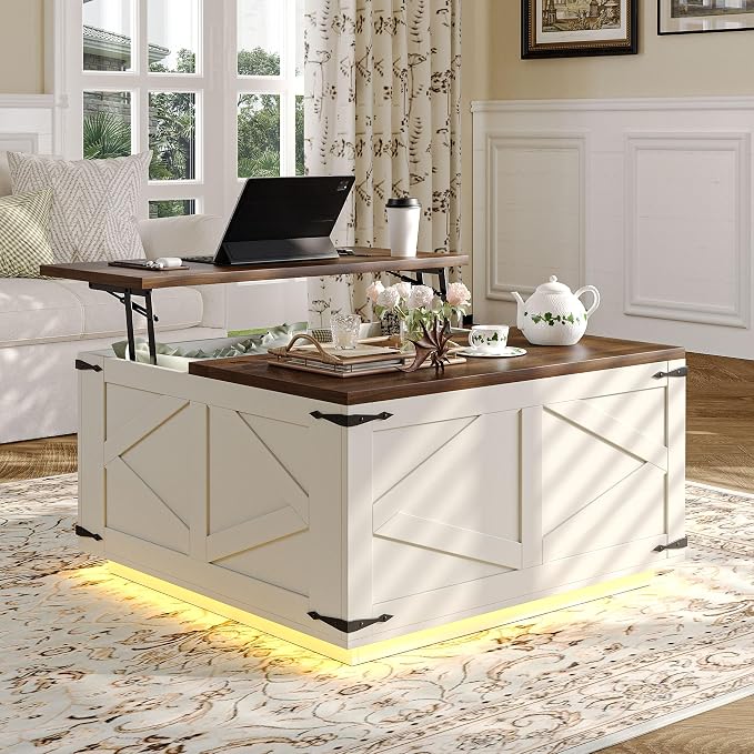Jocoevol Farmhouse Lift Top Coffee Table, Square Wood Center Table by JOCOEVOL