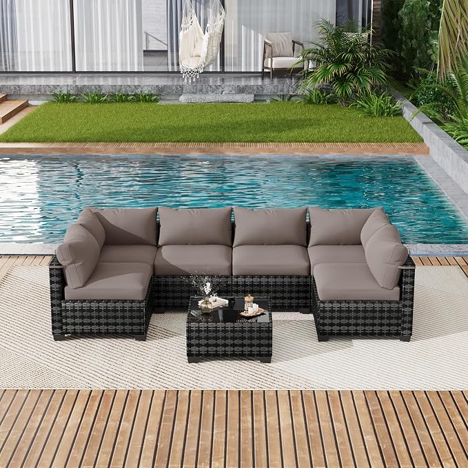 LOUVIXA 7 Piece Outdoor Patio Furniture Set, Outdoor Sectional Sofa, Wicker - Image 9