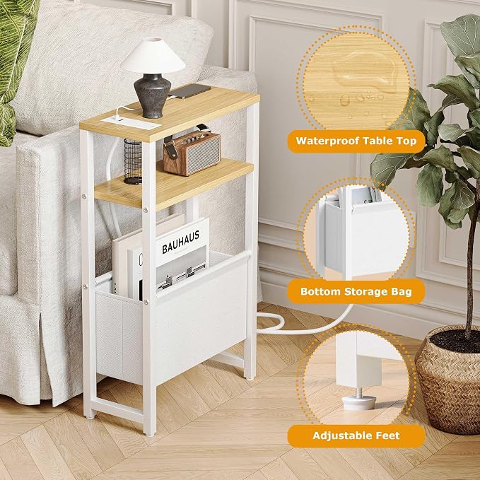 Narrow Side Table with Charging Station Slim End Table Sofa with Magazine Rack - Image 6