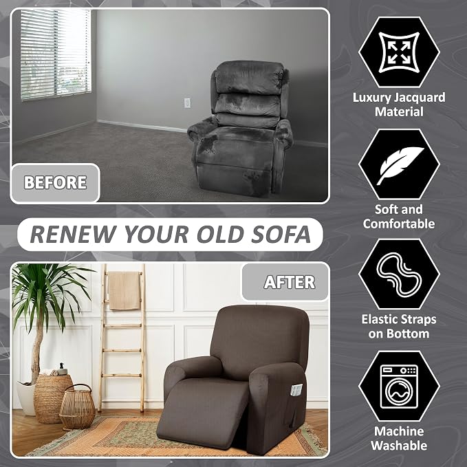 ULTICOR 4-Piece, 1 Seat Recliner Cover, Yarn Dyed Reclining Chair Covers - Image 4