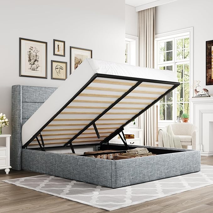Allewie Full Size Lift Up Storage Bed, Modern Wingback Headboard, Hydraulic by Allewie
