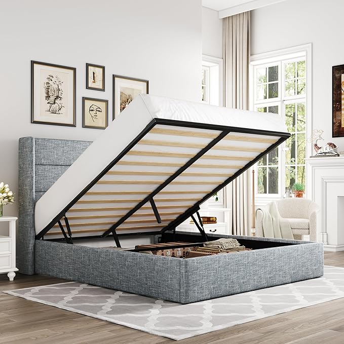 Allewie Queen Size Lift Up Storage Bed, Modern Wingback Headboard, Hydraulic by Allewie