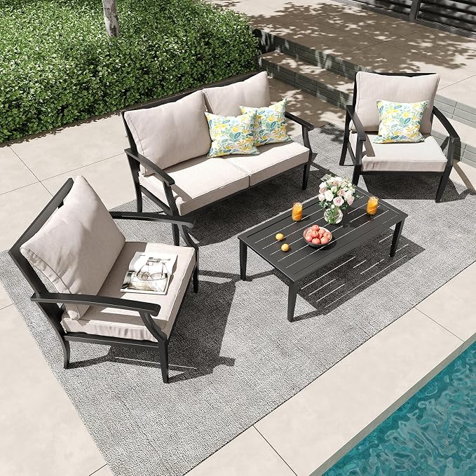 4 Piece Outdoor Patio Furniture Set, Oversized Metal Conversation Set by Unknown