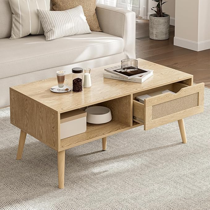 ZttRiee Coffee Table with Storage, Boho Dining Table with Rattan Drawer and by ZttRiee