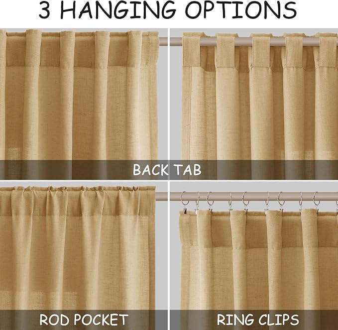 Nanspring Gold Yellow Linen Curtains 96 Inches Long 2 Panels Set - Image 2