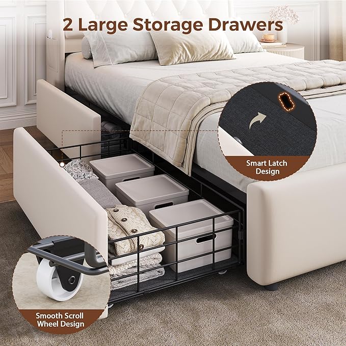 Twin LED Velvet Bed Frame with 2 Storage Drawers&Hidden Headboard, Upholstered - Image 7