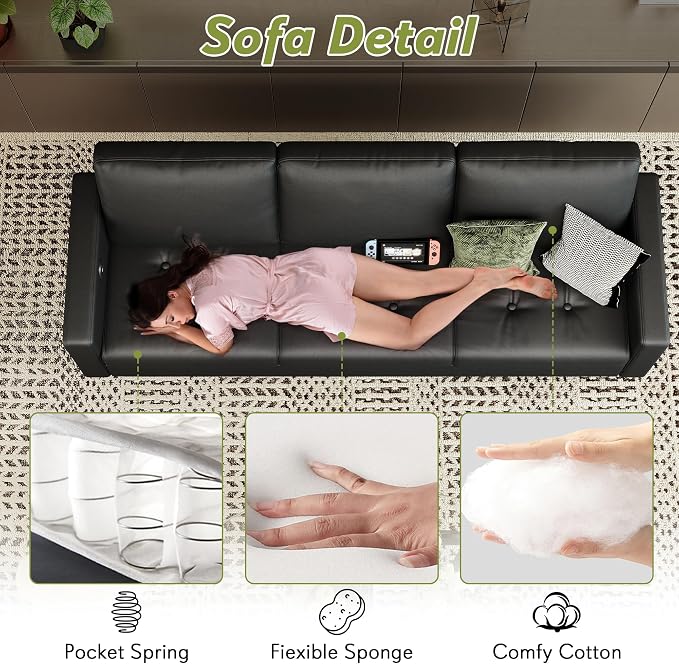 STHOUYN 73” Black Faux Leather Sofa Couch, Modern Comfy Office 3 Seater Couch - Image 7