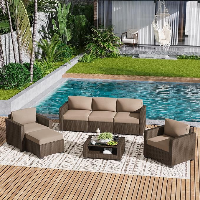 LOUVIXA 7 Piece Outdoor Patio Furniture Set, Rattan Chairs Glass Table Wicker - Image 9