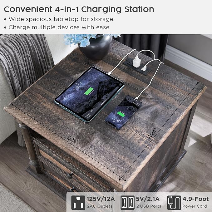 T4TREAM 24'' Farmhouse End Table w/4 Solid Wood Feet, Large 2 Drawers Wide Sofa - Image 3