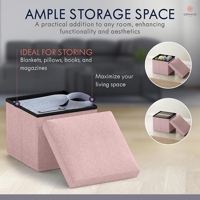 Ornavo Home Small Storage Ottoman Foldable Collapsible Cube Square Linen - Image 4