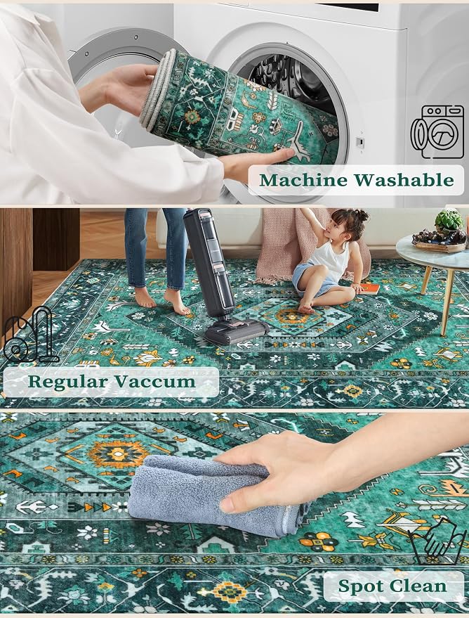 SERISSA Boho Washable Runner Rug, 2x6 Rug Runner Non-Slip Vintage Teal Hallway - Image 2