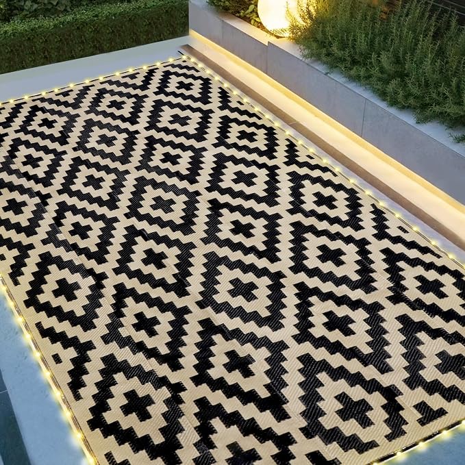 SAND MINE Reversible Mats with Led Strip Lights, Plastic Straw Rug, Modern Area by SANDMIND