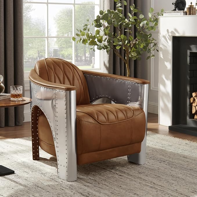 Art Leon Genuine Leather Chair, Mid Century Industrial Accent Arm Chair by ArtLeon