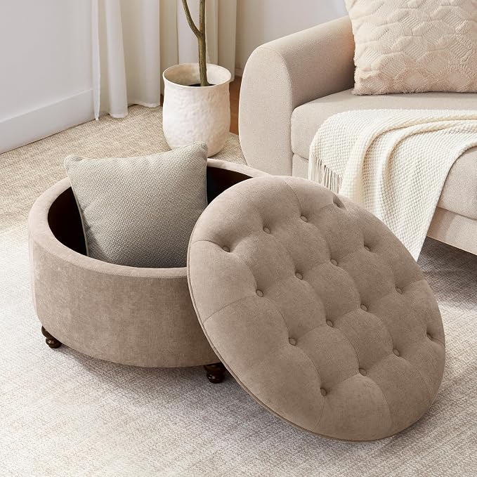 HUIMO 30-Inch Round Storage Ottoman, Modern Button Tufted Coffee Table - Image 7