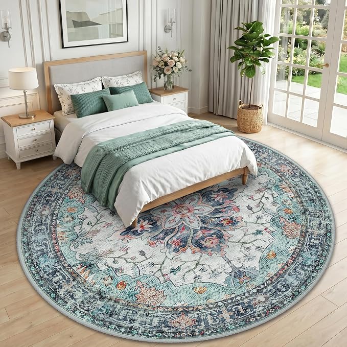 RELEANY Area Rugs Round 10ft Washable Non-Slip, Floral Vintage Distress Print - Image 2