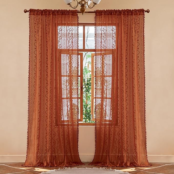 WAZZIO Boho Lace Curtains 108 Inch 2 Panels-Vintage Sheer Panel Drape Floral - Image 2