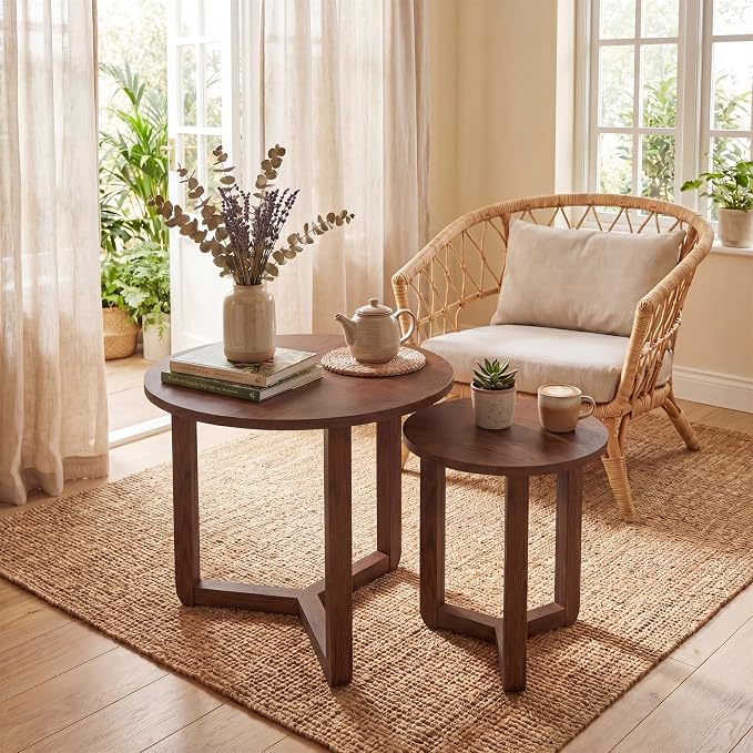 Tangkula Round Nesting Coffee Table Set of 2, Farmhouse End Tables - Image 3