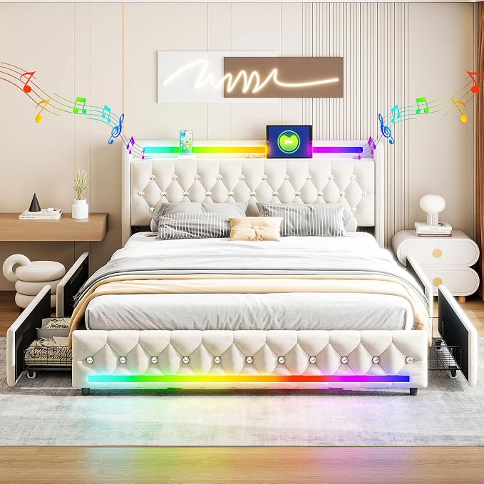 Music Player Full Bed with Bluetooth Speakers, USB&Type C Charging Ports by BIOEVER
