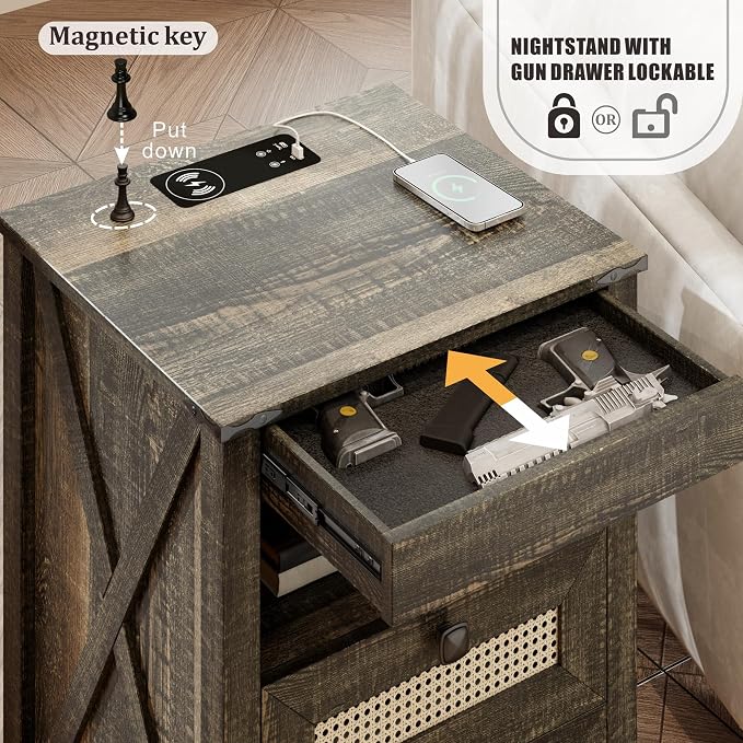 Farmhouse Night Stand with Gun Drawer, Bedside Table with Charger Station - Image 4