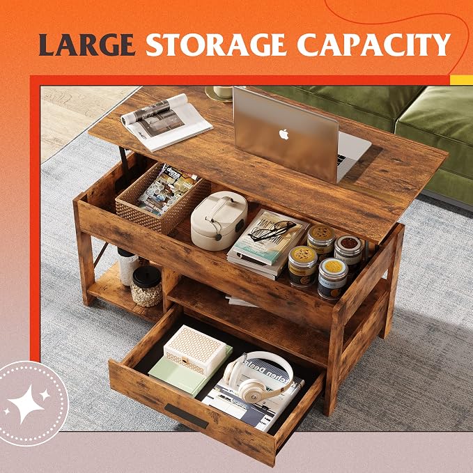 WLIVE Lift Top Coffee Table, Hidden Compartment, Wooden Lift Tabletop Center - Image 2