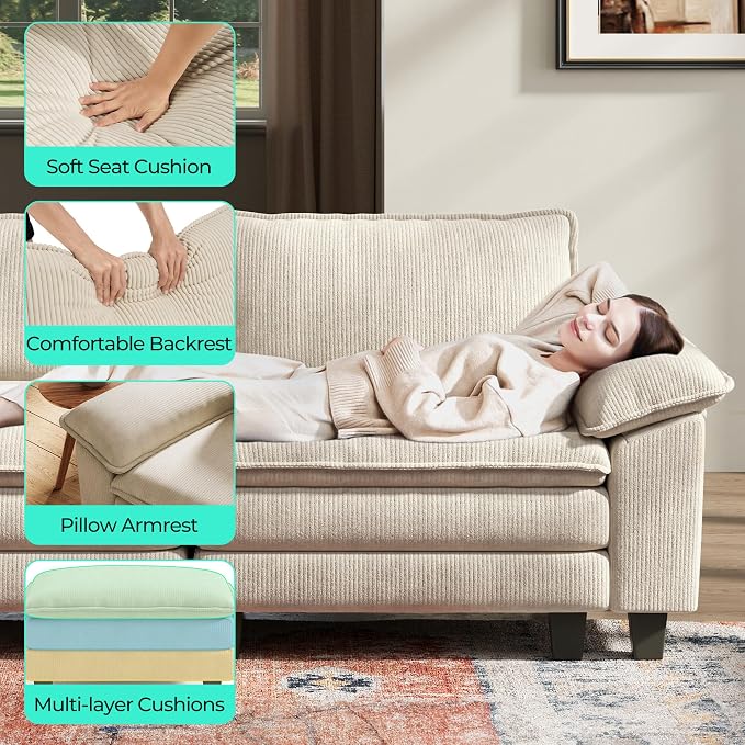 LINSY HOME 90" Modular Cloud Love Seat Sofa, Corduroy Soft Sectional Couch - Image 4