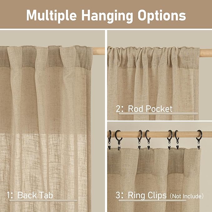 LAMIT 102 Inch Length Light Filtering Sheer Linen Curtains, Linen Textured Semi - Image 2