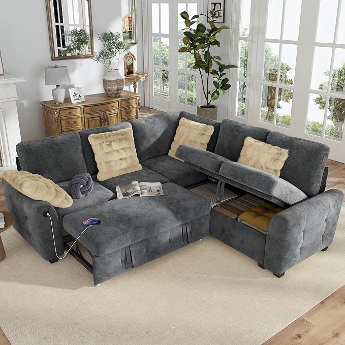 Hanherry Sectional Couch with Pull Out Sofa Bed, Chenille Sleeper Sofa with 2 - Image 8
