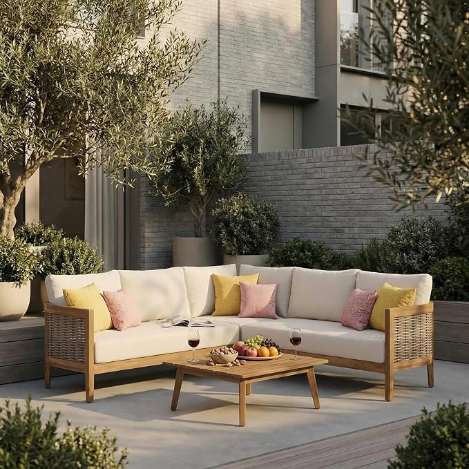 Merax 4 Piece Rattan Sofa Paito Conversation Set, All-Weather Acacia Wood by Merax