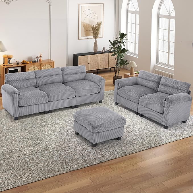 HAOMARKETS Corduroy 3-Piece Sofa Set, Upholstered Ottoman, Loveseat 2-Seater - Image 7