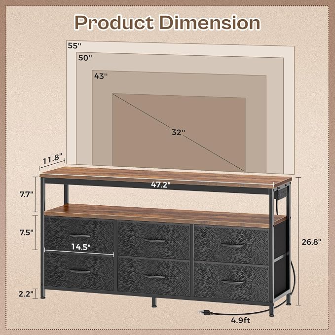 Huuger LED TV Stand for Bedroom, 47 Inch Dresser TV Stand for 43, 55 Inch TV - Image 2