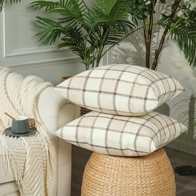 Stellhome Pack of 2 Linen Buffalo Check Decorative Fall Throw Pillow Covers - Image 2