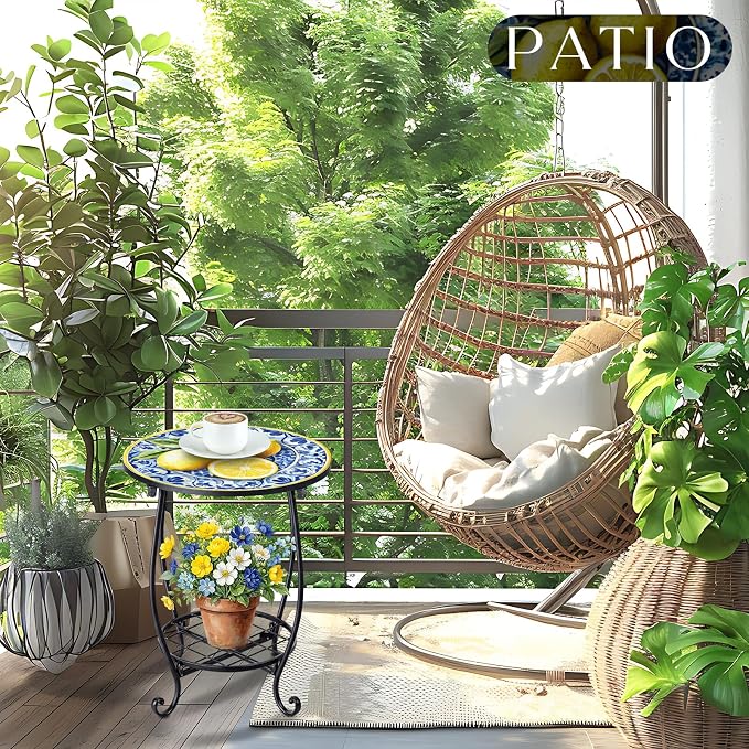Cinnvoice Outdoor Side Table Round Small Mosaic Patio Accent Indoor End Plant - Image 2